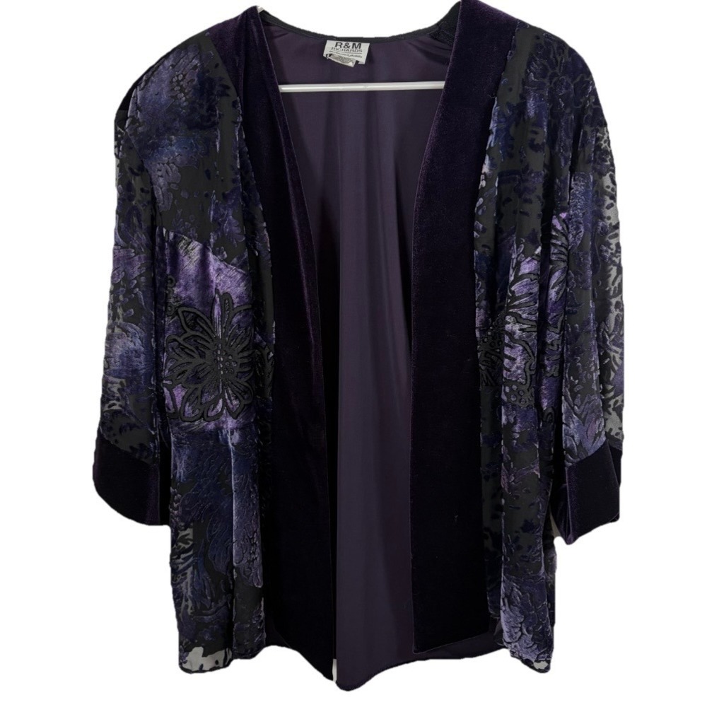 Vintage Cardigan Jacket Purple Black Velvet Burnout Floral Open Front 18 Petite